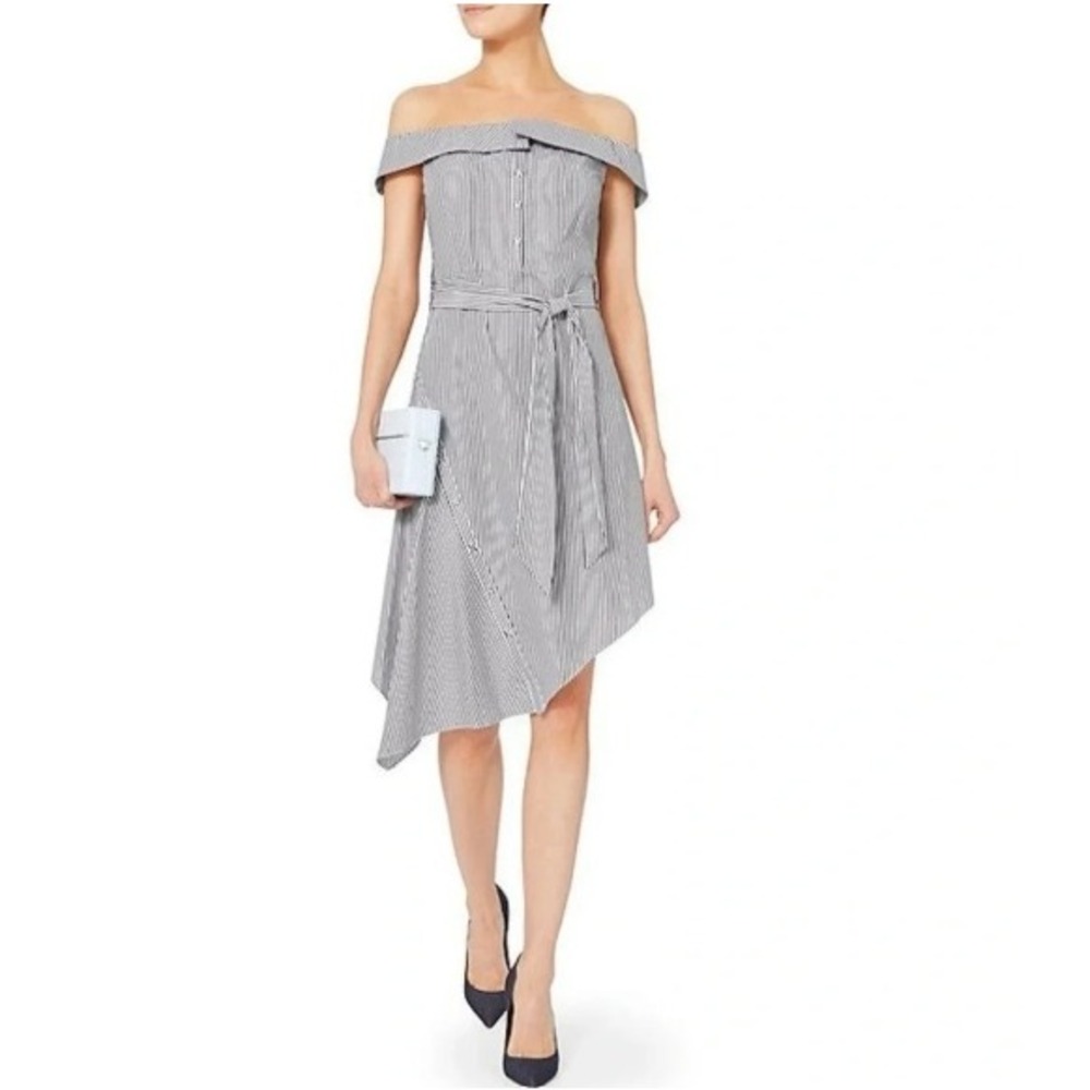 Intermix NWT Nicolette Stripe Off The Shoulder Asymmetrical Belted Midi Dress L